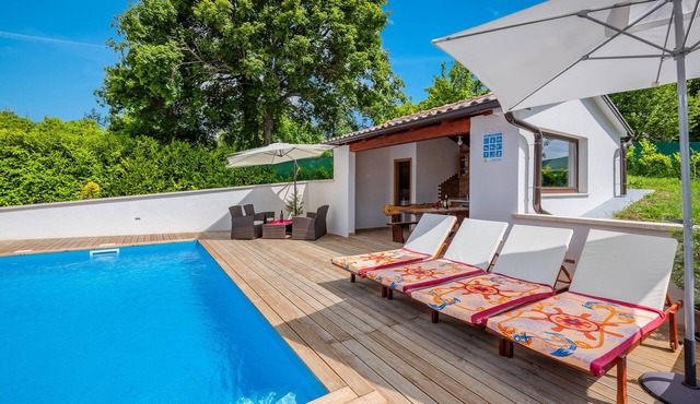 Sunny villa with private pool, sun loungers, outdoor shower