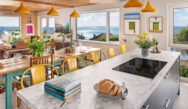 Sunset Beach House, Porthleven, with panoramic sea views. Comfortably sleeps 10