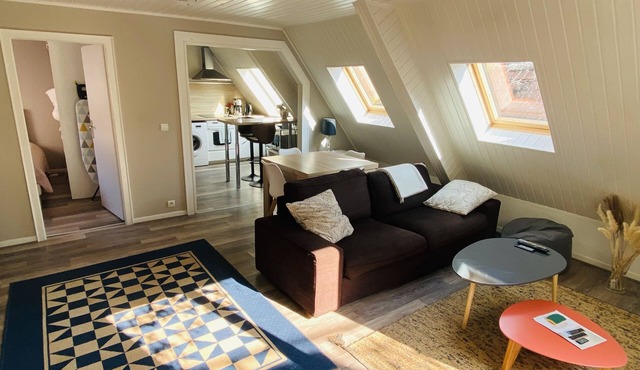 T2, air-conditioned with terrace, in pedestrian zone with rooftop views.