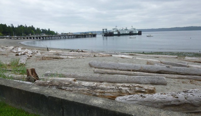 The front yard is a relaxing sandy beach in the Fauntleroy Cove