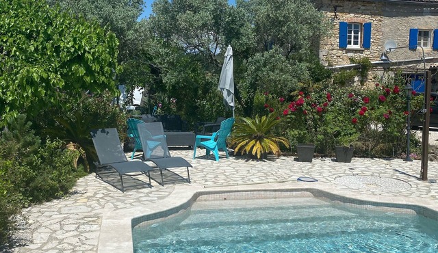 The Mas du Bueysse gîte and its swimming pool surrounded by 3 hectares of greenery.