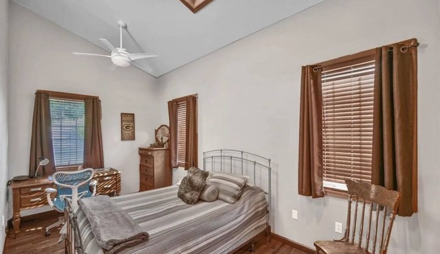 The spacious lakefront house features kayaks and a boat ramp.