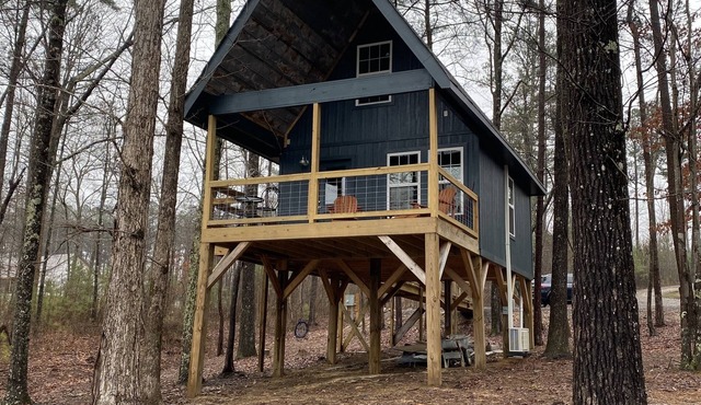 The Treehouses on wooded acreage that overlook a large lake.