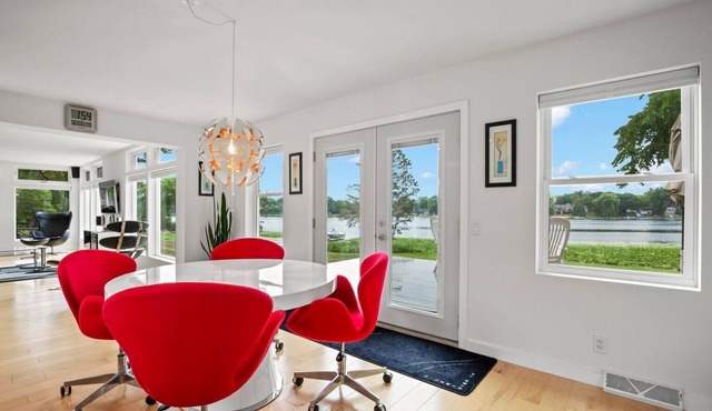 The views are amazing inside and out. Modern lake house with a double lot.