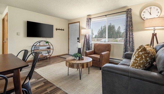 This two bedroom home has a fully fenced yard, air conditioning, fully stocked kitchen, full size washer/dryer and all the modern amenities of home but whimsically decorated with a farmhouse fun vibe!