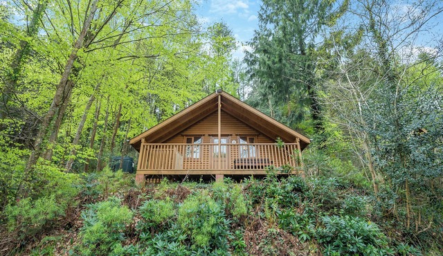 Timber lodge set by the lake with one double and one twin.