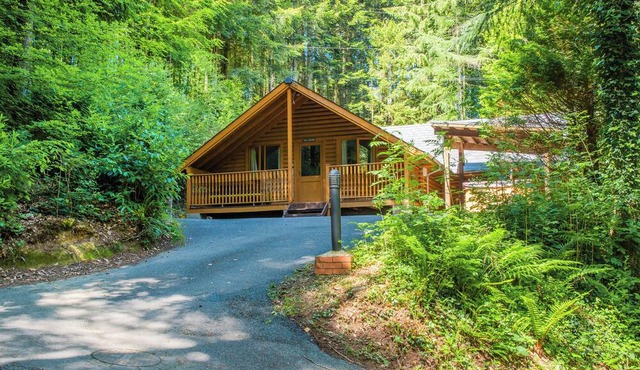 Timber lodge set in an elevated position with views of the lake.