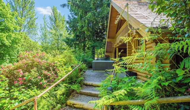 Timber lodge set in an elevated position with views of the lake.