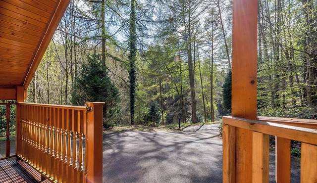 Timber lodge set in an elevated position with views of the lake.