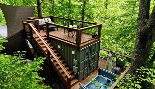 Tiny Container Home Retreat with Hot Tub, Fire Table, Dining Area, and Views!