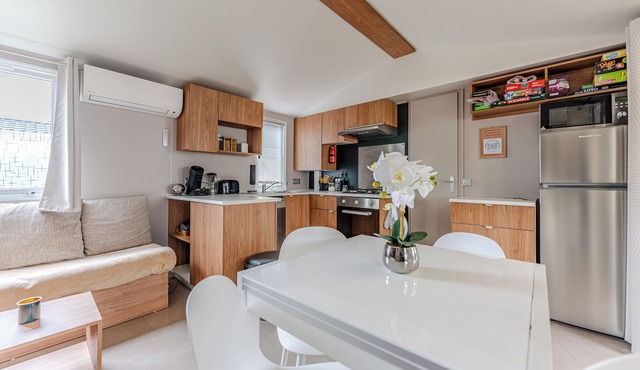 Top-of-the-range mobile home under the Landes pines. 3 bedrooms, 2 shower rooms, LV, LL.