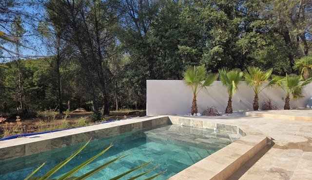 Top of villa with private pool surrounded by pine trees