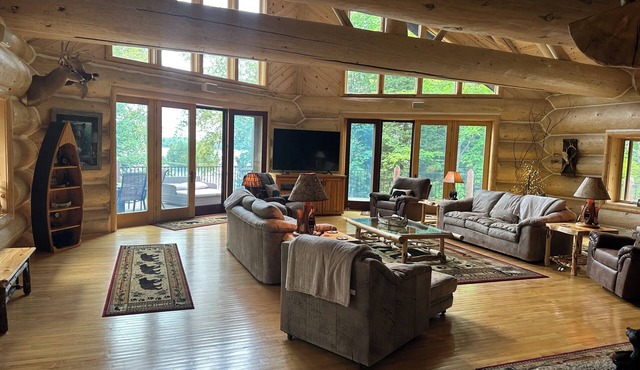 Total privacy, private beach, one of a kind full log home