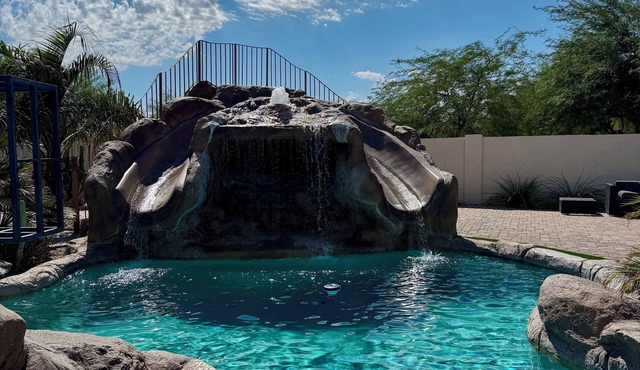 TWO Water slides, pb crt, 9 hole mini golf, play set!