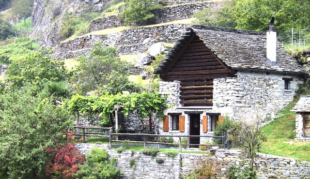 Typical rustico in the rear Maggia Valley on a sunny hillside on the edge of the village