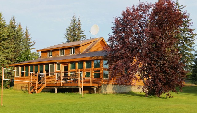 Unique Alaskan log home in trees & wild flowers on 14-acre private homestead.