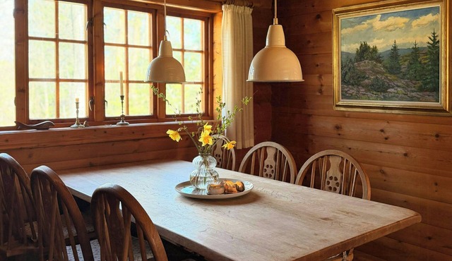 Unique log cabin in quiet forest