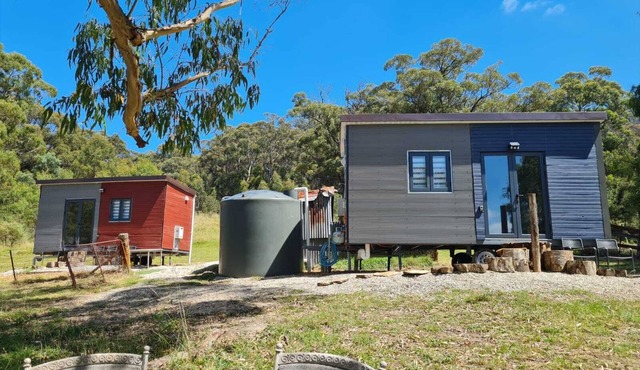 Unique two tiny homes set up with private dam