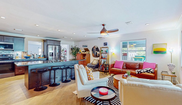 Updated home near beach/golf with private yard, firepit, & home office