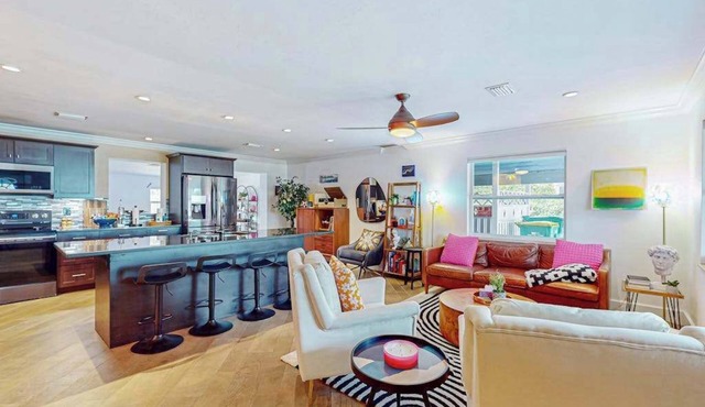 Updated home near beach/golf with private yard, firepit, & home office