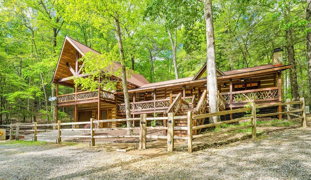 Upscale cabin with secluded setting - fireplaces, central AC & huge front porch