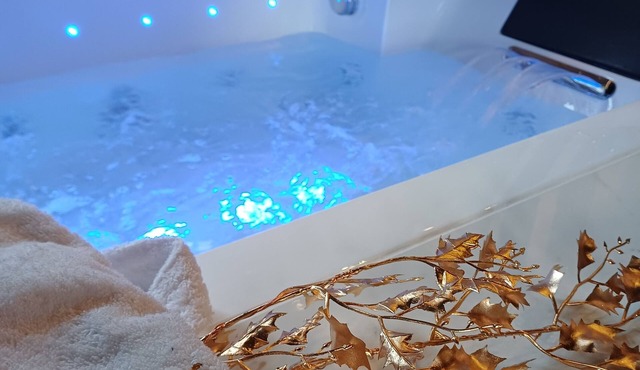 Upscale suite with private spa and indoor pool.