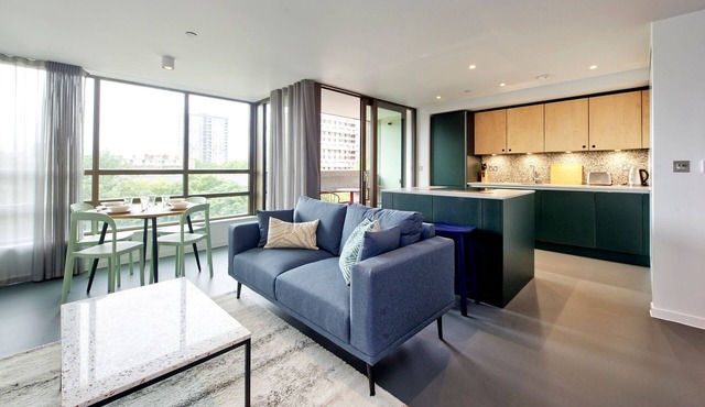 Upscale two-bedroom home in a Brutalist Setting