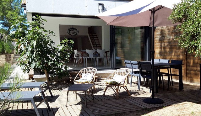 Villa under the pines, 3 minutes walk from the beach and shops.