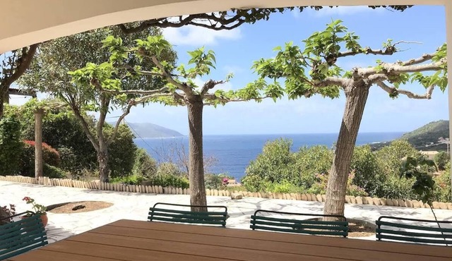 Villa with charming swimming pool, trees, sea view. 500 meters from the beach