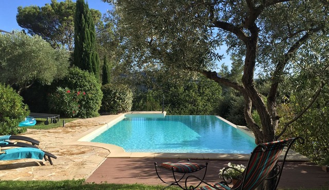 Villa with outdoor kitchen with pizza oven and large heated pool.