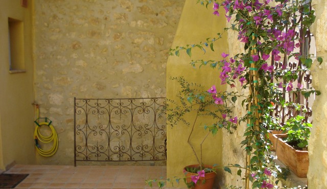 Village house near the Mediterranean open onto its patio terrace.