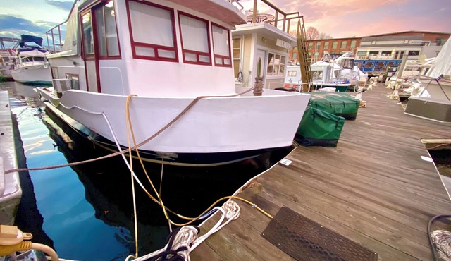 Vintage 1969 Boat on the Providence Marina near Brown University and RISD