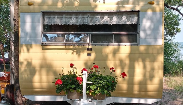 Vintage Camper Trailer - lakeside site 1 hour from Minneapolis St. Paul Glamping