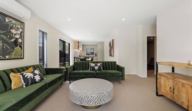 Warm and stylish new home close to river, lake, restaurants and golf course.