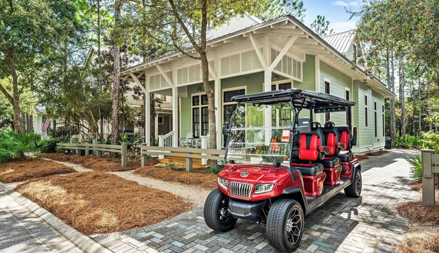 WaterColor Bliss with Beach Club Access, Bikes, Electric Cart, and Screened Porch with Fireplace.