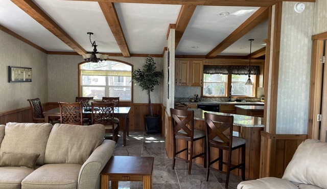 Waterfront Bungalow nightly panoramic view of our illuminated covered Bridge