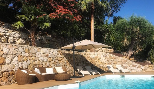 Welcoming air-conditioned villa with lovely sea view and swimming pool surrounded by olive trees