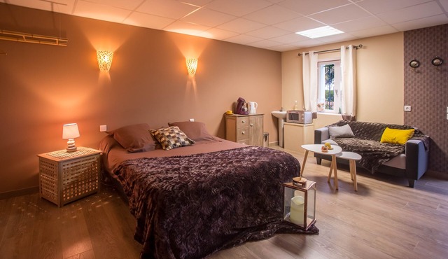 Wellness center and its king size bedroom overlooking the Pyrenees