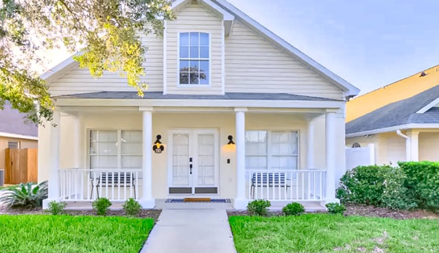 Whimsical sunlit retreat with private pool, patio, & game room - close to parks