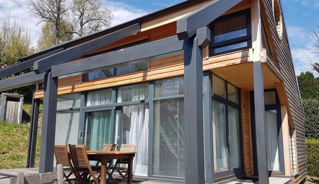 Wooden chalet on the lake of Pont de Salars, in Aveyron