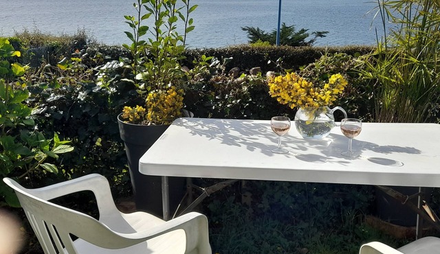 Wooden chalet, sea view, lovely garden, 5-minute walk to the beach. Dogs welcome.