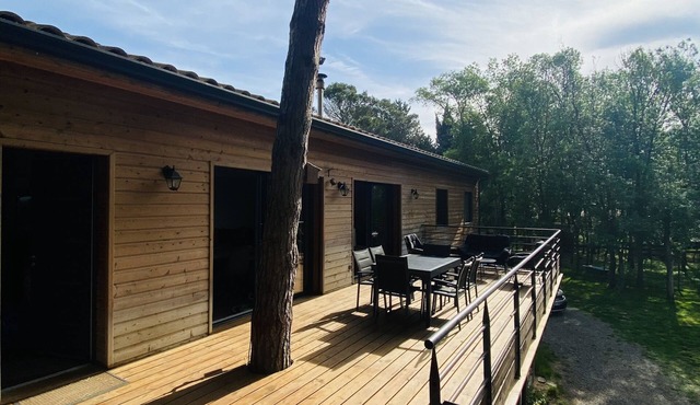 Wooden house with swimming pool, large garden and park with goats and chickens.