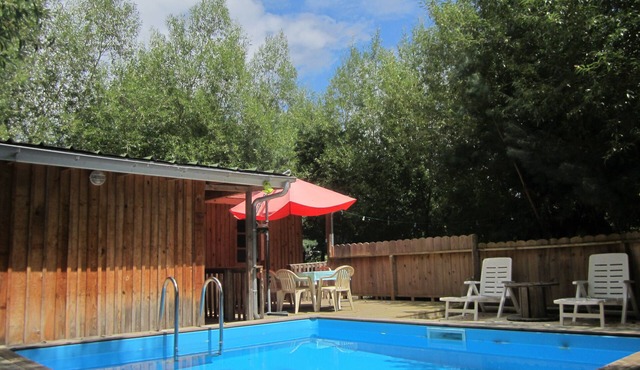 Wooden lodge with terrace and swimming pool in a green setting