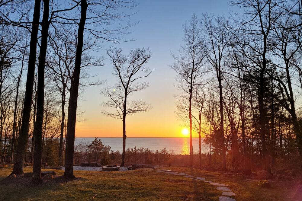 Sturgeon Bay Cabin | Water view on a bluff- Bay side with hot tub