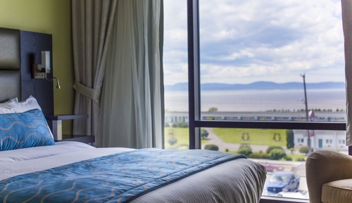 Aqua room with 2 queen beds, river view