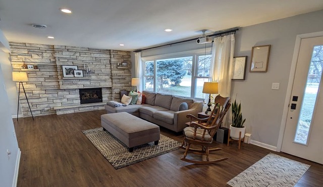 Midcentury modern waterfront home in quiet neighborhood with mature trees