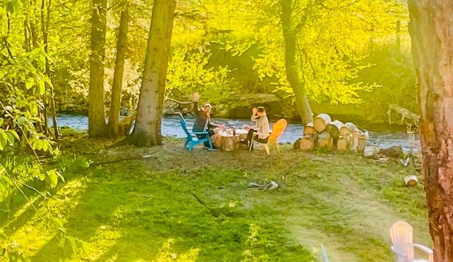 Camp-themed dog-friendly cabin with mountain views, firepit, & river access